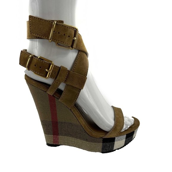 Burberry Tan and Black Wedge Sandals - Picture 1 of 13